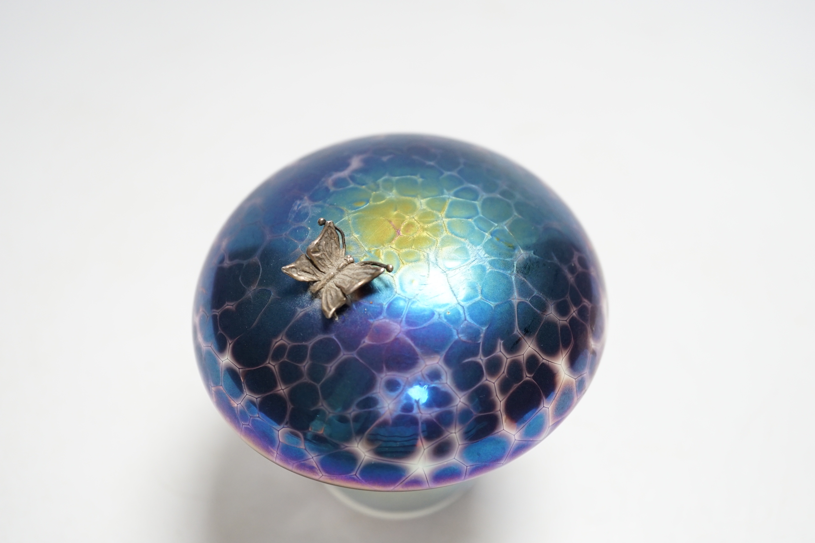 A John Ditchfield Glasform mushroom with applied butterfly, signed to base, 11cm high